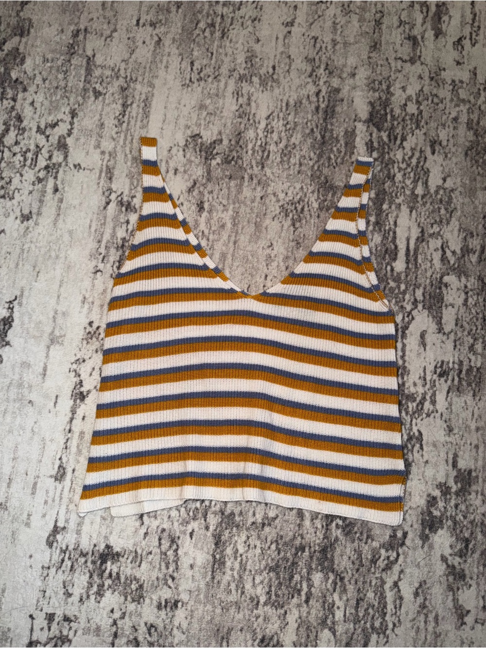 Forever 21 Striped Knit Cropped V-Neck Tank Top White, Mustard & Blue size small